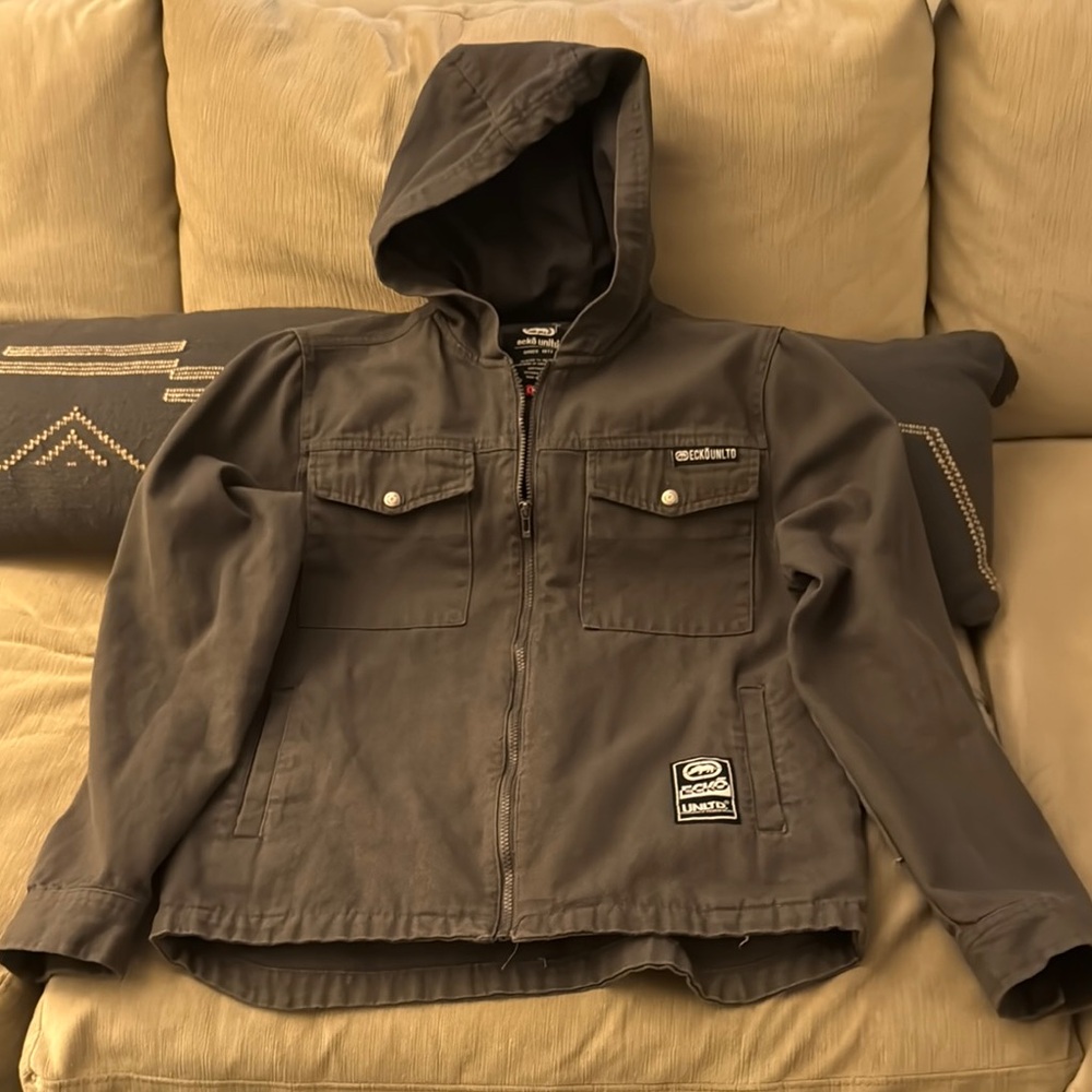 Ecko Unlimited Dark Gray Lightweight Utility Jacket with Hood